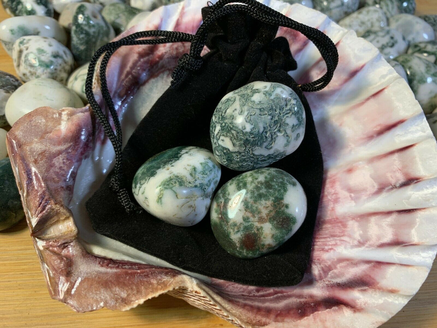 Green Tree Agate Tumbled Stones with Pouch! 3 pcs.