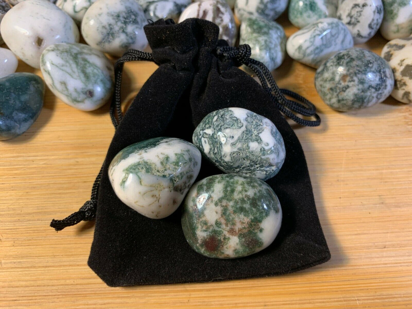 Green Tree Agate Tumbled Stones with Pouch! 3 pcs.