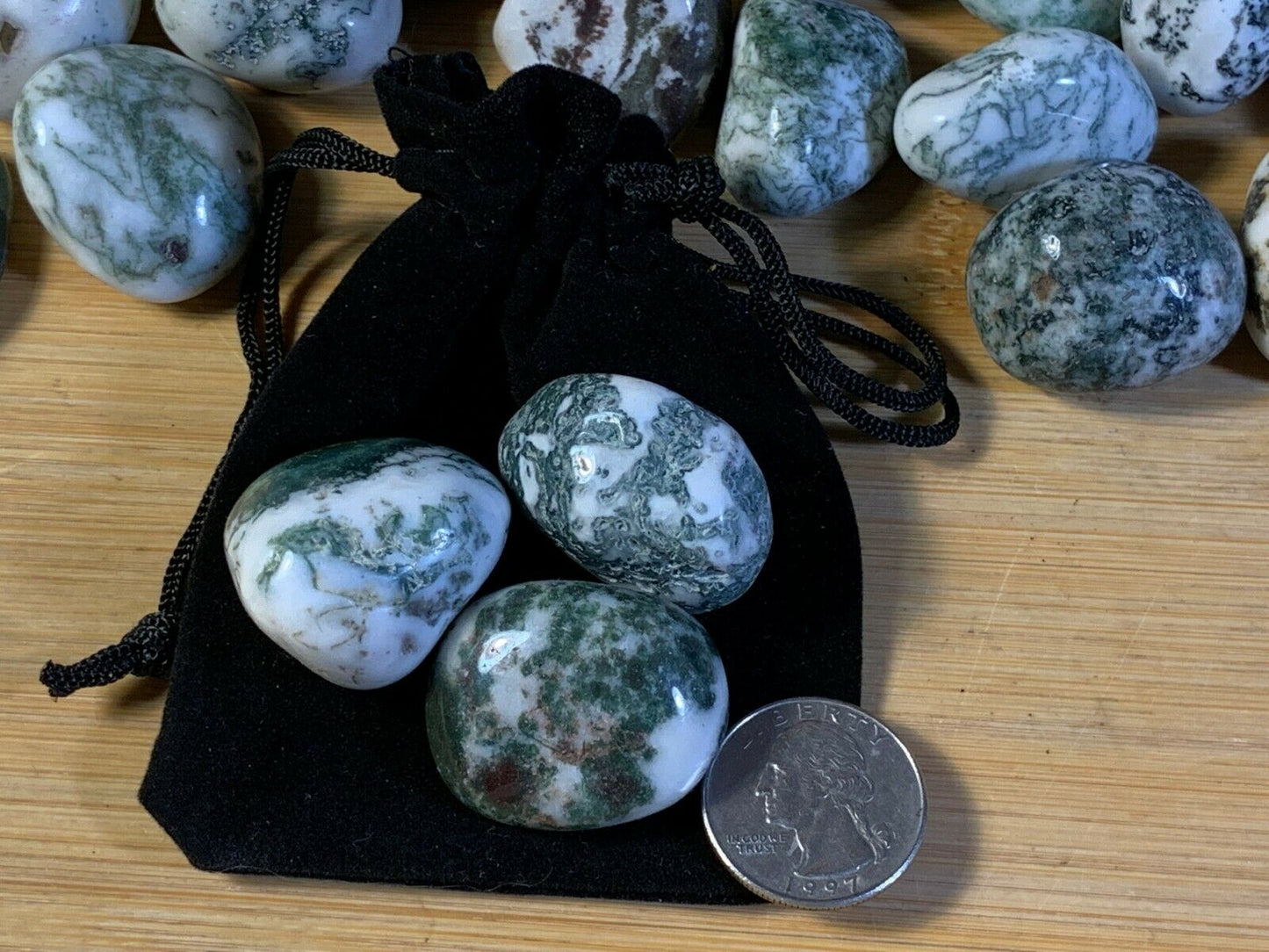 Green Tree Agate Tumbled Stones with Pouch! 3 pcs.